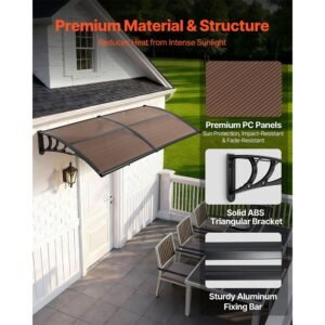 awnings for door entrance, 38 x 78 in, exterior front door window awnings with drainage & metal bracket, rain snow sun protection, overhang polycarbonate door canopy for porch patio, brown