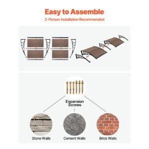 awnings for door entrance, 38 x 78 in, exterior front door window awnings with drainage & metal bracket, rain snow sun protection, overhang polycarbonate door canopy for porch patio, brown