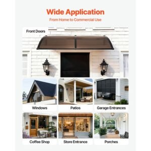 awnings for door entrance, 38 x 78 in, exterior front door window awnings with drainage & metal bracket, rain snow sun protection, overhang polycarbonate door canopy for porch patio, brown