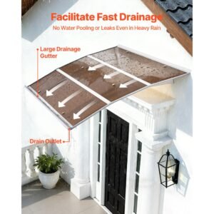 awnings for door entrance, 39 x 59 in, exterior front door window awnings with drainage & metal bracket, rain snow sun protection, overhang polycarbonate door canopy for porch patio, brown