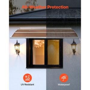 awnings for door entrance, 39 x 59 in, exterior front door window awnings with drainage & metal bracket, rain snow sun protection, overhang polycarbonate door canopy for porch patio, brown