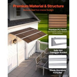 awnings for door entrance, 39 x 59 in, exterior front door window awnings with drainage & metal bracket, rain snow sun protection, overhang polycarbonate door canopy for porch patio, brown
