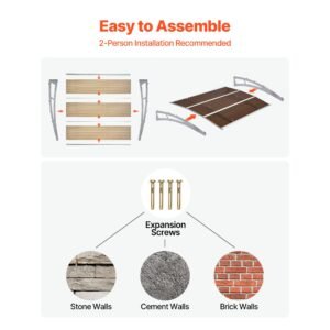 awnings for door entrance, 39 x 59 in, exterior front door window awnings with drainage & metal bracket, rain snow sun protection, overhang polycarbonate door canopy for porch patio, brown