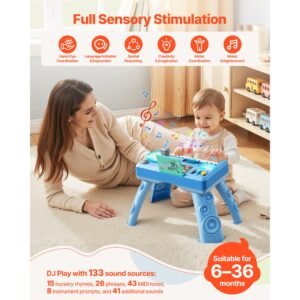baby dj playset for toddlers 1 3, educational musical table toys with 133 sound sources, recording and led dj turntable, baby activity table for birthday, gift for kids aged 6+ months