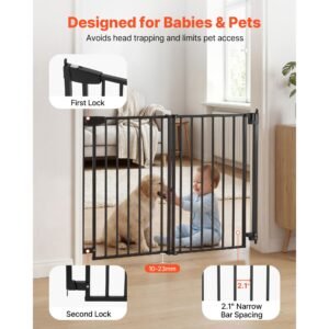 baby gate for stairs, 28 43 in adjustable width, 30 in high dog gate, no bottom bar, one handed operation, easy drilling installation with hardware kit, for stairs, doorways, and house, black