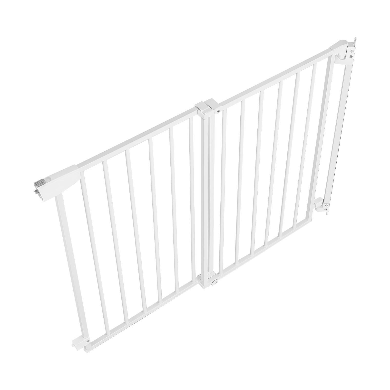 baby gate for stairs, 28 43 in adjustable width, 30 in high dog gate, no bottom bar, one handed operation, easy drilling installation with hardware kit, for stairs, doorways, and house, white