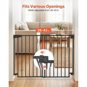 baby gate for stairs, 28 43 in adjustable width, 36 in high dog gate, no bottom bar, one handed operation, easy drilling installation with hardware kit, for stairs, doorways, and house, black