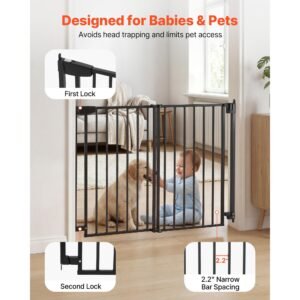baby gate for stairs, 28 43 in adjustable width, 36 in high dog gate, no bottom bar, one handed operation, easy drilling installation with hardware kit, for stairs, doorways, and house, black