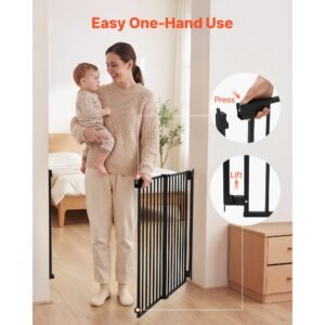 baby gate for stairs, 28 43 in adjustable width, 36 in high dog gate, no bottom bar, one handed operation, easy drilling installation with hardware kit, for stairs, doorways, and house, black