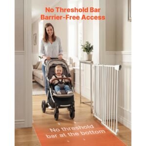 baby gate for stairs, 29 43 in adjustable width, 36 in high dog gate, no bottom bar, one handed operation, easy drilling installation with hardware kit, for stairs, doorways, and house, white