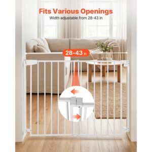 baby gate for stairs, 29 43 in adjustable width, 36 in high dog gate, no bottom bar, one handed operation, easy drilling installation with hardware kit, for stairs, doorways, and house, white