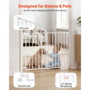 baby gate for stairs, 29 43 in adjustable width, 36 in high dog gate, no bottom bar, one handed operation, easy drilling installation with hardware kit, for stairs, doorways, and house, white