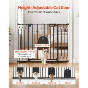 baby gate for stairs, 29.5 43 in adjustable width, baby gate with adjustable cat door, with pressure mount kit and wall mount kit, secure metal pet door for stairs, doorways, and house, black