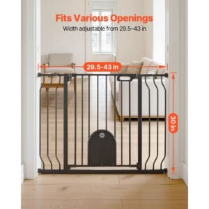 baby gate for stairs, 29.5 43 in adjustable width, baby gate with adjustable cat door, with pressure mount kit and wall mount kit, secure metal pet door for stairs, doorways, and house, black
