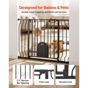 baby gate for stairs, 29.5 43 in adjustable width, baby gate with adjustable cat door, with pressure mount kit and wall mount kit, secure metal pet door for stairs, doorways, and house, black