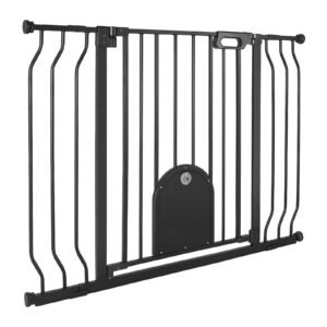 Baby Gate for Stairs, 29.5-43 in Adjustable Width, Baby Gate with Adjustable Cat Door, with Pressure Mount Kit and Wall Mount Kit, Secure Metal Pet Door for Stairs, Doorways, and House, Black