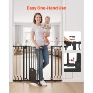 baby gate for stairs, 29.5 43 in adjustable width, baby gate with adjustable cat door, with pressure mount kit and wall mount kit, secure metal pet door for stairs, doorways, and house, black