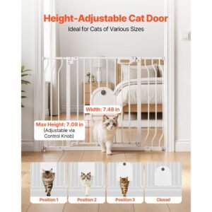 baby gate for stairs, 29.5 43 in adjustable width, baby gate with adjustable cat door, with pressure mount kit and wall mount kit, secure metal pet door for stairs, doorways, and house, white