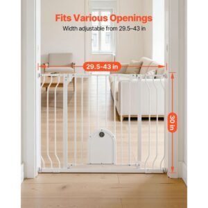 baby gate for stairs, 29.5 43 in adjustable width, baby gate with adjustable cat door, with pressure mount kit and wall mount kit, secure metal pet door for stairs, doorways, and house, white