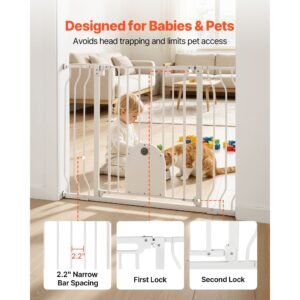 baby gate for stairs, 29.5 43 in adjustable width, baby gate with adjustable cat door, with pressure mount kit and wall mount kit, secure metal pet door for stairs, doorways, and house, white