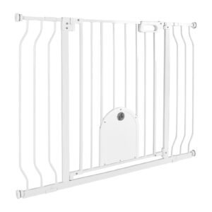 Baby Gate for Stairs, 29.5-43 in Adjustable Width, Baby Gate with Adjustable Cat Door, with Pressure Mount Kit and Wall Mount Kit, Secure Metal Pet Door for Stairs, Doorways, and House, White