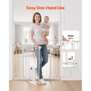 baby gate for stairs, 29.5 43 in adjustable width, baby gate with adjustable cat door, with pressure mount kit and wall mount kit, secure metal pet door for stairs, doorways, and house, white