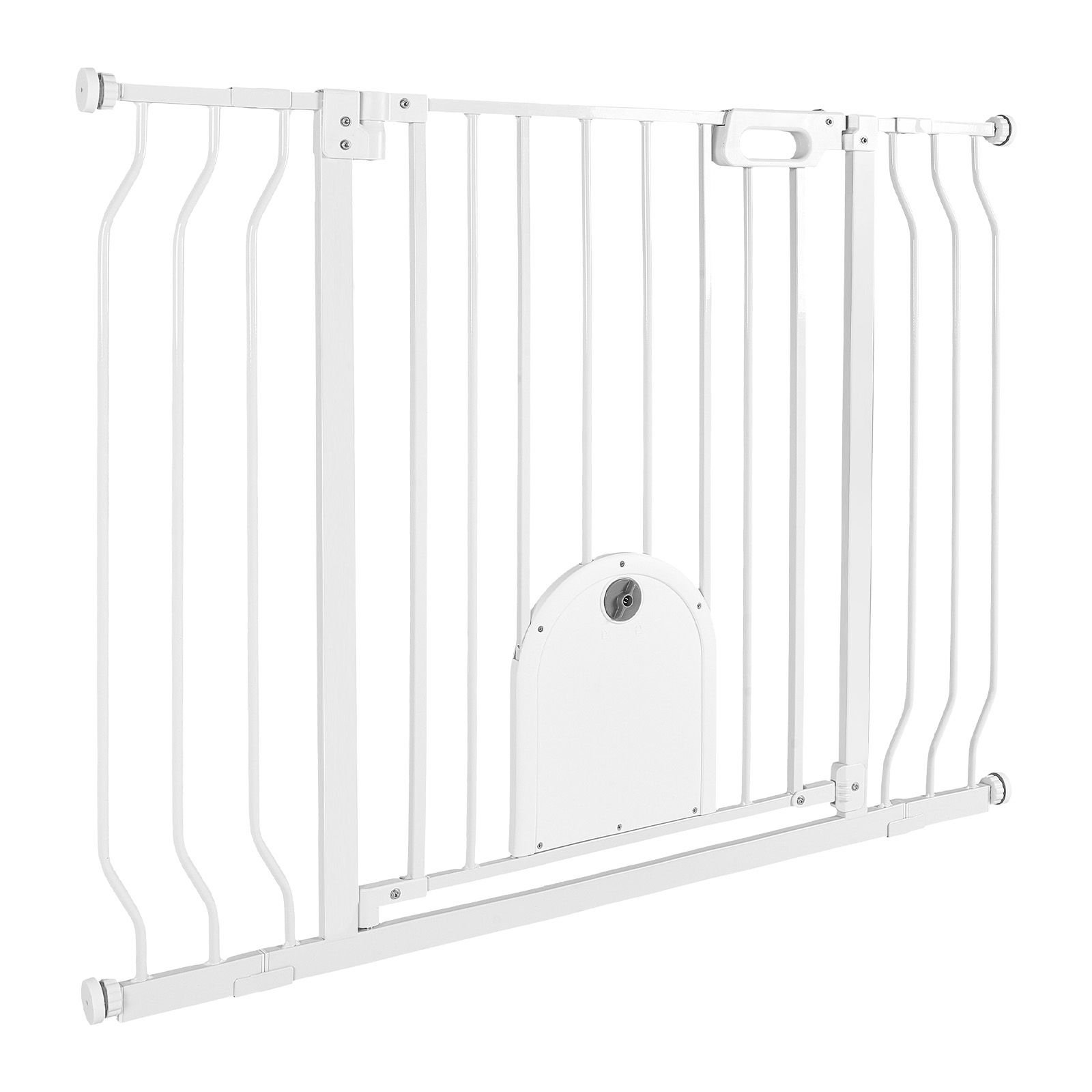 baby gate for stairs, 29.5 43 in adjustable width, baby gate with adjustable cat door, with pressure mount kit and wall mount kit, secure metal pet door for stairs, doorways, and house, white