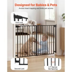 baby gate for stairs, 31 48 in adjustable width, 30 in high dog gate, no bottom bar, one handed operation, easy drilling installation with hardware kit, for stairs, doorways, and house, black
