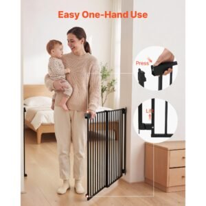 baby gate for stairs, 31 48 in adjustable width, 30 in high dog gate, no bottom bar, one handed operation, easy drilling installation with hardware kit, for stairs, doorways, and house, black