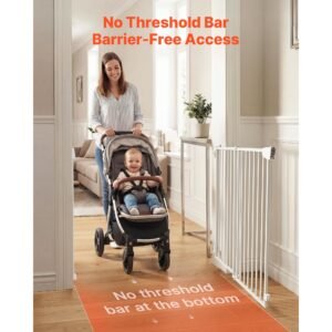 baby gate for stairs, 31 48 in adjustable width, 30 in high dog gate, no bottom bar, one handed operation, easy drilling installation with hardware kit, for stairs, doorways, and house, white