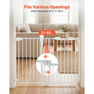 baby gate for stairs, 31 48 in adjustable width, 30 in high dog gate, no bottom bar, one handed operation, easy drilling installation with hardware kit, for stairs, doorways, and house, white