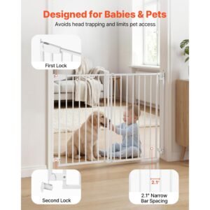 baby gate for stairs, 31 48 in adjustable width, 30 in high dog gate, no bottom bar, one handed operation, easy drilling installation with hardware kit, for stairs, doorways, and house, white