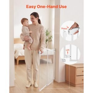 baby gate for stairs, 31 48 in adjustable width, 30 in high dog gate, no bottom bar, one handed operation, easy drilling installation with hardware kit, for stairs, doorways, and house, white