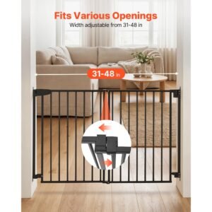 baby gate for stairs, 31 48 in adjustable width, 36 in high dog gate, no bottom bar, one handed operation, easy drilling installation with hardware kit, for stairs, doorways, and house, black