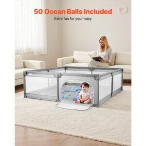 baby playpen, 78.7″ x 58.7″ large toddlers playpen, indoor/outdoor baby fence play yard with 50 ocean balls, zippered door & breathable mesh, no gap safety activity center for babies toddlers