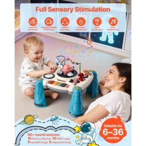 baby spacecraft musical table toys for 1 3 years old, learning activity desk with space theme & soft glow star projector & 60+ sound sources, toddler learning table for kids 6+ months