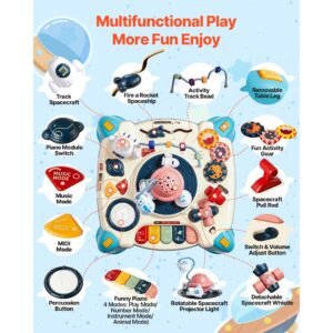 baby spacecraft musical table toys for 1 3 years old, learning activity desk with space theme & soft glow star projector & 60+ sound sources, toddler learning table for kids 6+ months