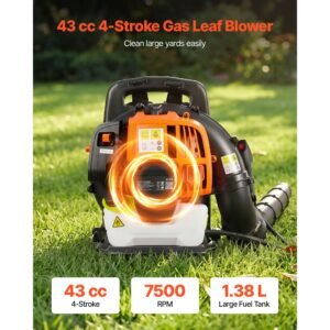 backpack leaf blower, 43cc 2 stroke engine gas powered leaf blower with 1.38l fuel tank, 447 cfm air volume, 150 mph air speed, ideal for lawn care, leaves cleaning, yard debris & snow removal