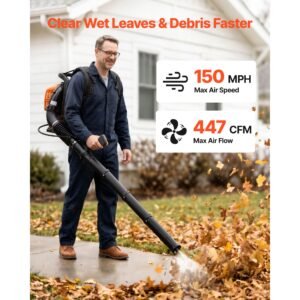 backpack leaf blower, 43cc 2 stroke engine gas powered leaf blower with 1.38l fuel tank, 447 cfm air volume, 150 mph air speed, ideal for lawn care, leaves cleaning, yard debris & snow removal