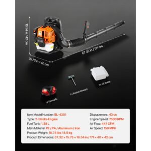 backpack leaf blower, 43cc 2 stroke engine gas powered leaf blower with 1.38l fuel tank, 447 cfm air volume, 150 mph air speed, ideal for lawn care, leaves cleaning, yard debris & snow removal