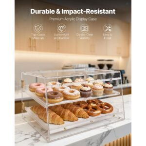 bakery display case, 2 tier commercial countertop pastry display case, clear acrylic bread box for kitchen, party cake cabinet with magnetic rear door for cookie dessert donut, 20.7"x15.7"x12"