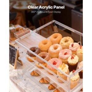 bakery display case, 2 tier commercial countertop pastry display case, clear acrylic bread box for kitchen, party cake cabinet with magnetic rear door for cookie dessert donut, 20.7"x15.7"x12"