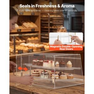 bakery display case, 2 tier commercial countertop pastry display case, clear acrylic bread box for kitchen, party cake cabinet with magnetic rear door for cookie dessert donut, 20.7"x15.7"x12"