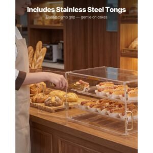 bakery display case, 2 tier commercial countertop pastry display case, clear acrylic bread box for kitchen, party cake cabinet with magnetic rear door for cookie dessert donut, 20.7"x15.7"x12"