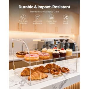 bakery display case, 2 tier commercial countertop pastry display case, clear acrylic bread box for kitchen, party cake cabinet with magnetic rear door for cookie dessert donut, 22" x 14" x 14"