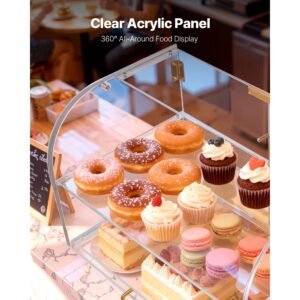 bakery display case, 2 tier commercial countertop pastry display case, clear acrylic bread box for kitchen, party cake cabinet with magnetic rear door for cookie dessert donut, 22" x 14" x 14"