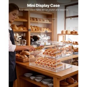 bakery display case, 2 tier commercial countertop pastry display case, clear acrylic bread box for kitchen, party cake cabinet with magnetic rear door for cookie dessert donut, 22" x 14" x 14"
