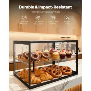 bakery display case, 2 tier commercial countertop pastry display case, clear acrylic bread box for kitchen, party cake cabinet with sliding door for cookie dessert donut, 21.7" x 15.2" x 15.4"