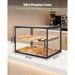 bakery display case, 2 tier commercial countertop pastry display case, clear acrylic bread box for kitchen, party cake cabinet with sliding door for cookie dessert donut, 21.7" x 15.2" x 15.4"