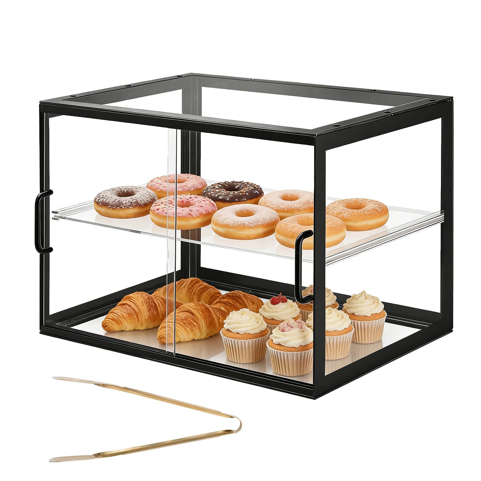 bakery display case, 2 tier commercial countertop pastry display case, clear acrylic bread box for kitchen, party cake cabinet with sliding door for cookie dessert donut, 21.7" x 15.2" x 15.4"